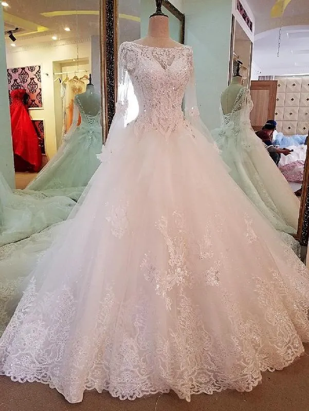 Addison's Princess Appliqu Long Sleeve Wedding Gown Without Train for Sale