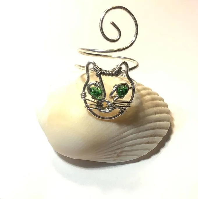 Silver Cat Ring with Green Bead Eyes for Sale