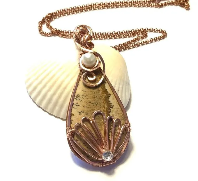 Copper Wire Wrap Picture Jasper Pendant for Sale
