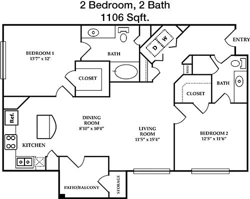 #2  Floor Plan 2x2 - Villa Lago, Fort Worth, TX for Rent